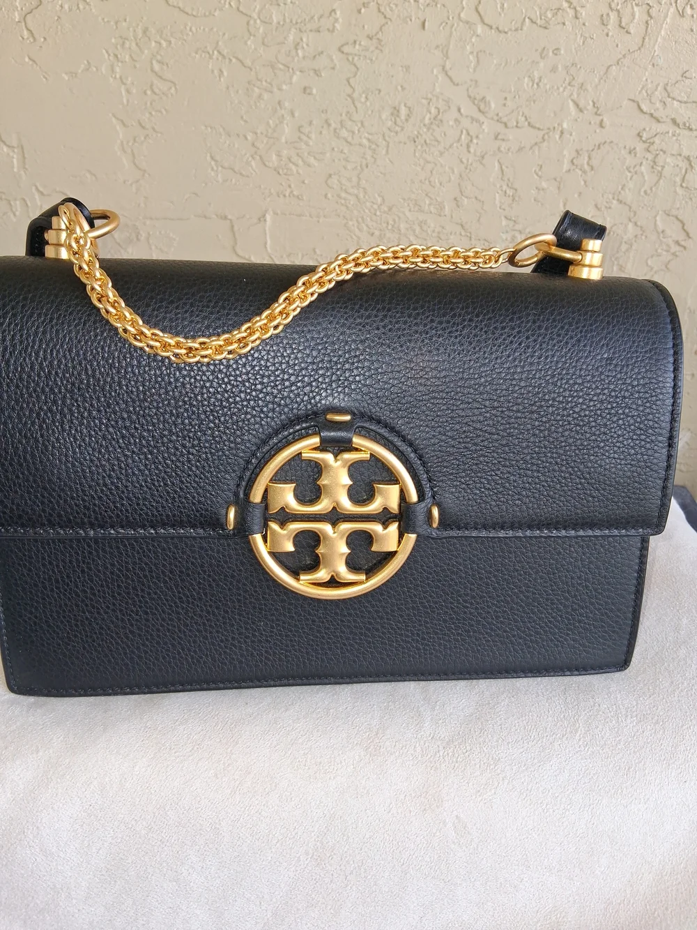 Tory Burch Black Pebbled Leather Shoulder Bag with Gold Hardware
